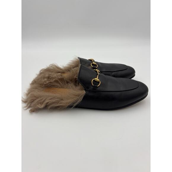Gucci Princetown Horsebit Accent Black Leather Mules Fur Lined Size 9 39 Loafers - Picture 6 of 16